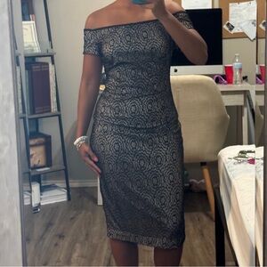 Guess Black and Gold Off-Shoulder Midi Dress